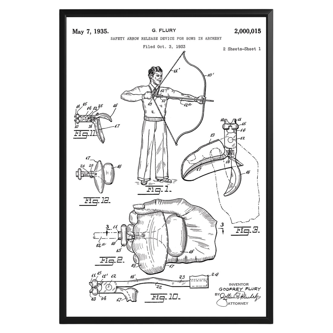 Arrow Release for Archery Bow 1935 Patent Poster - GroovyGrove