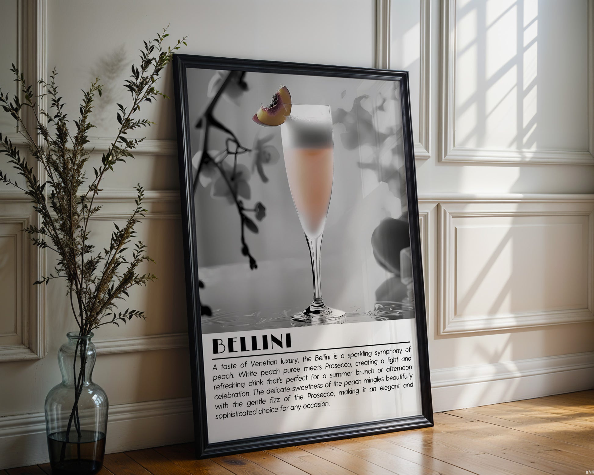 Bellini Cocktail Black and White Poster - GroovyGrove