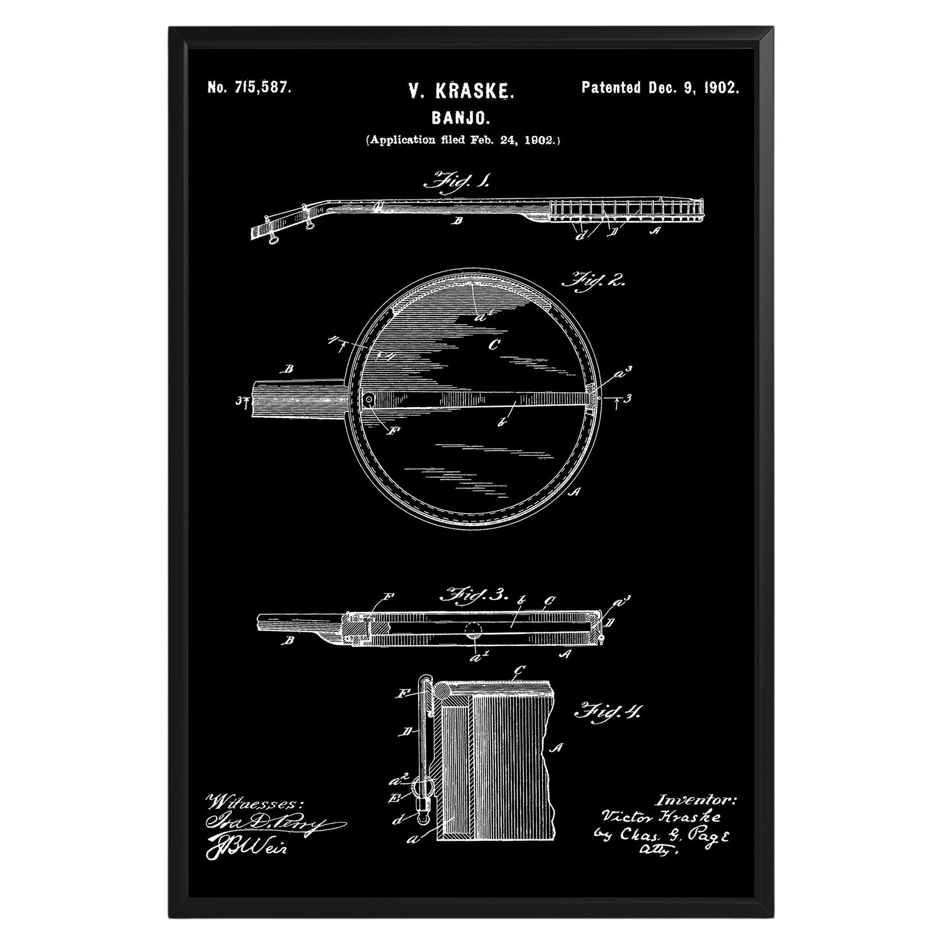 Banjo Folk Music Instrument 1902 Patent Poster - GroovyGrove