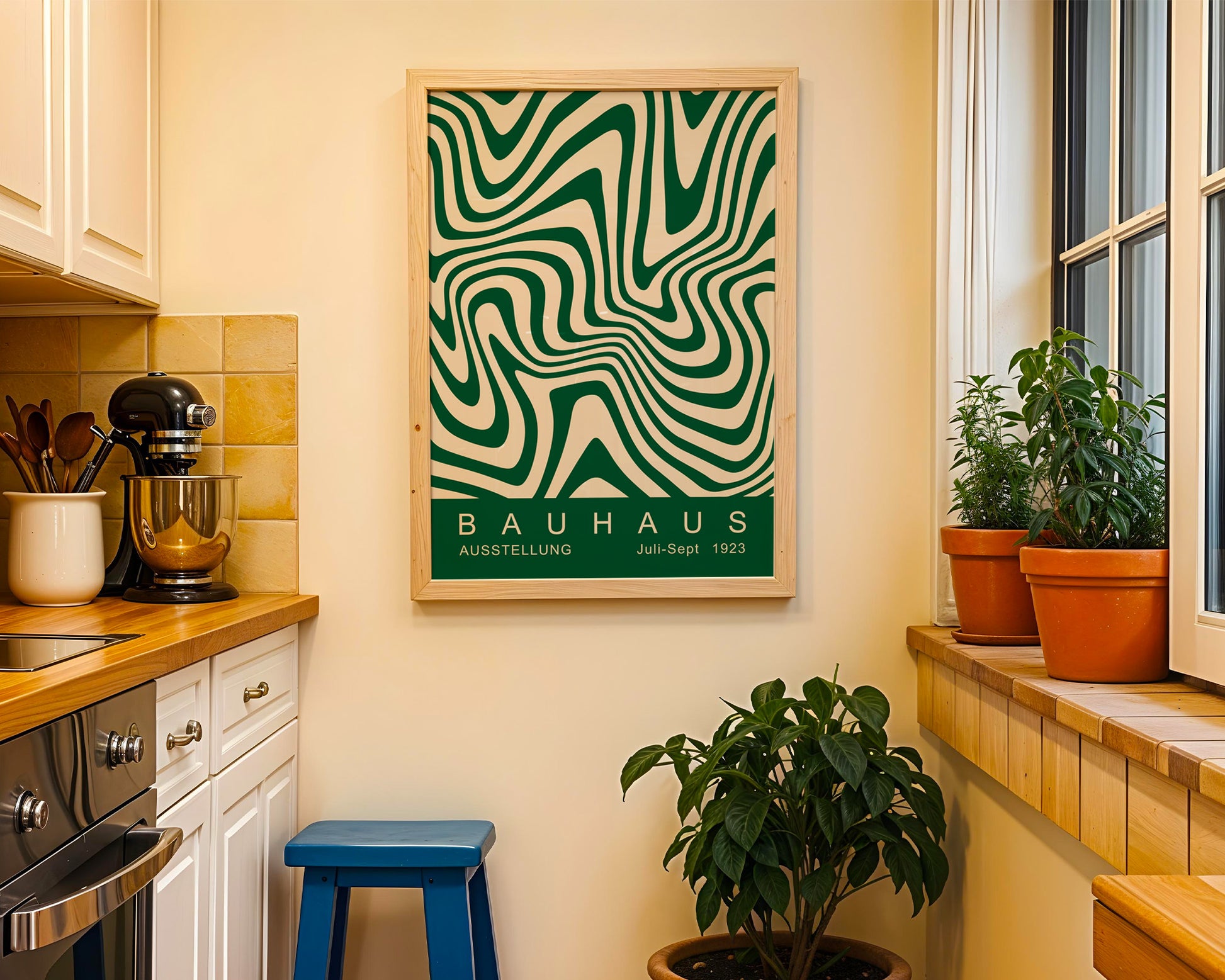 Green Wavy Stripes Bauhaus Poster A45 - GroovyGrove