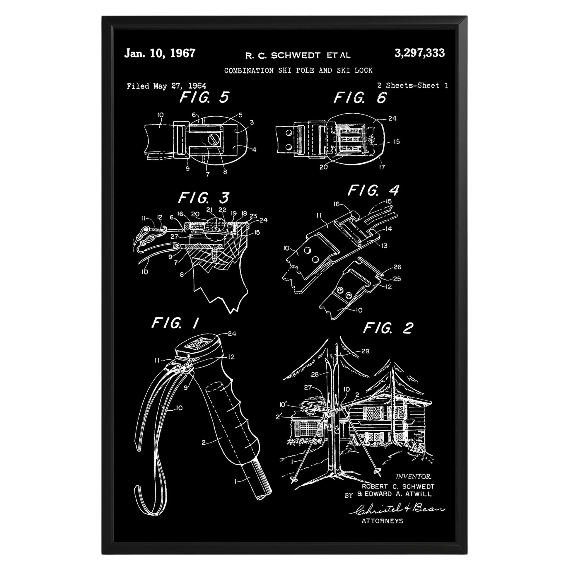 Combination Ski Pole And Ski 1964 Patent Poster - GroovyGrove