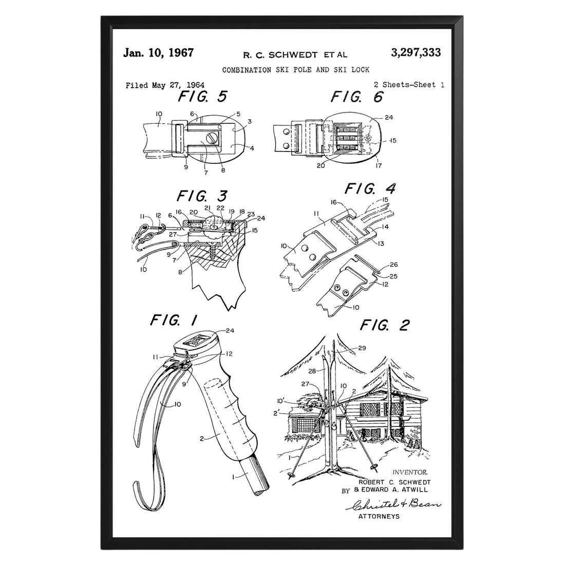 Combination Ski Pole And Ski 1964 Patent Poster - GroovyGrove