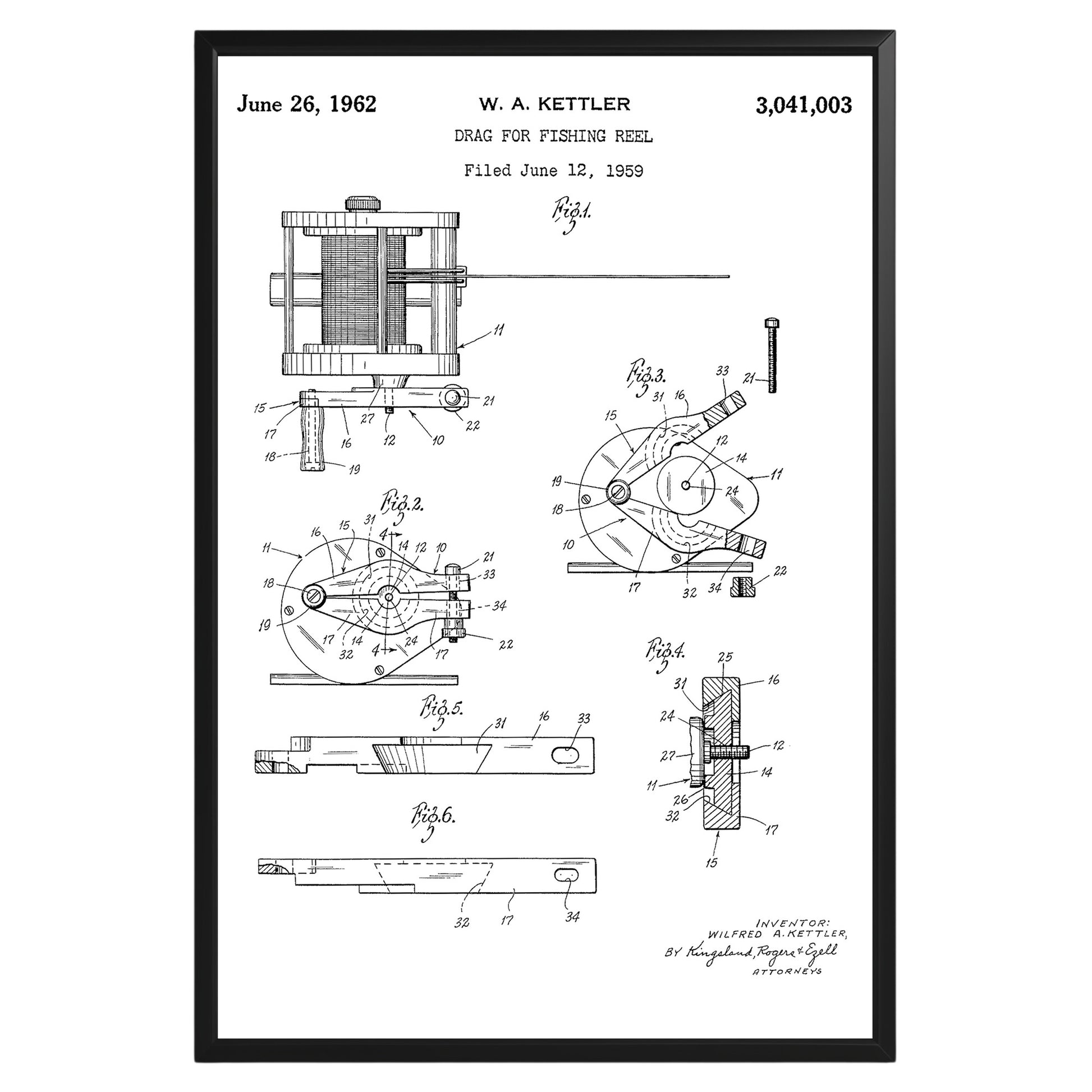 Drag For Fishing Reel 1962 Patent Poster - GroovyGrove