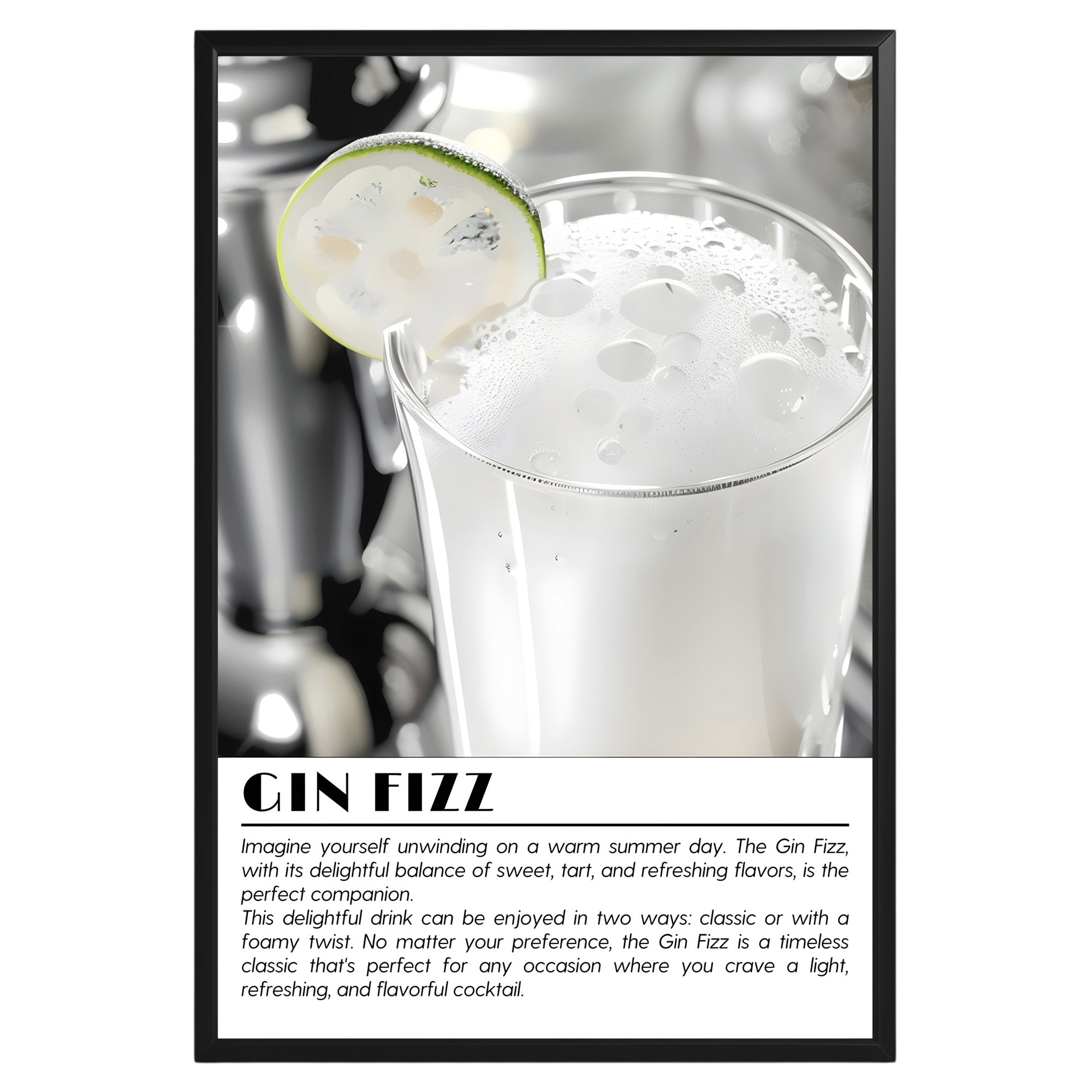 Gin Fizz Cocktail Black and White Poster - GroovyGrove