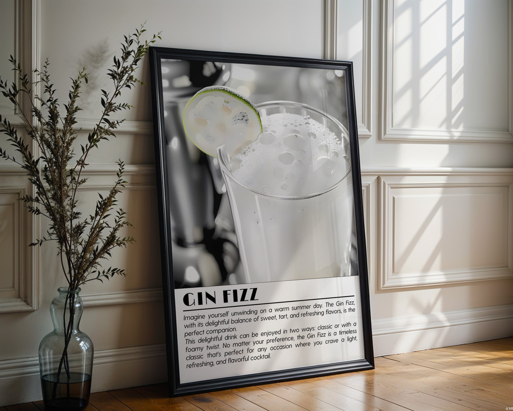 Gin Fizz Cocktail Black and White Poster - GroovyGrove