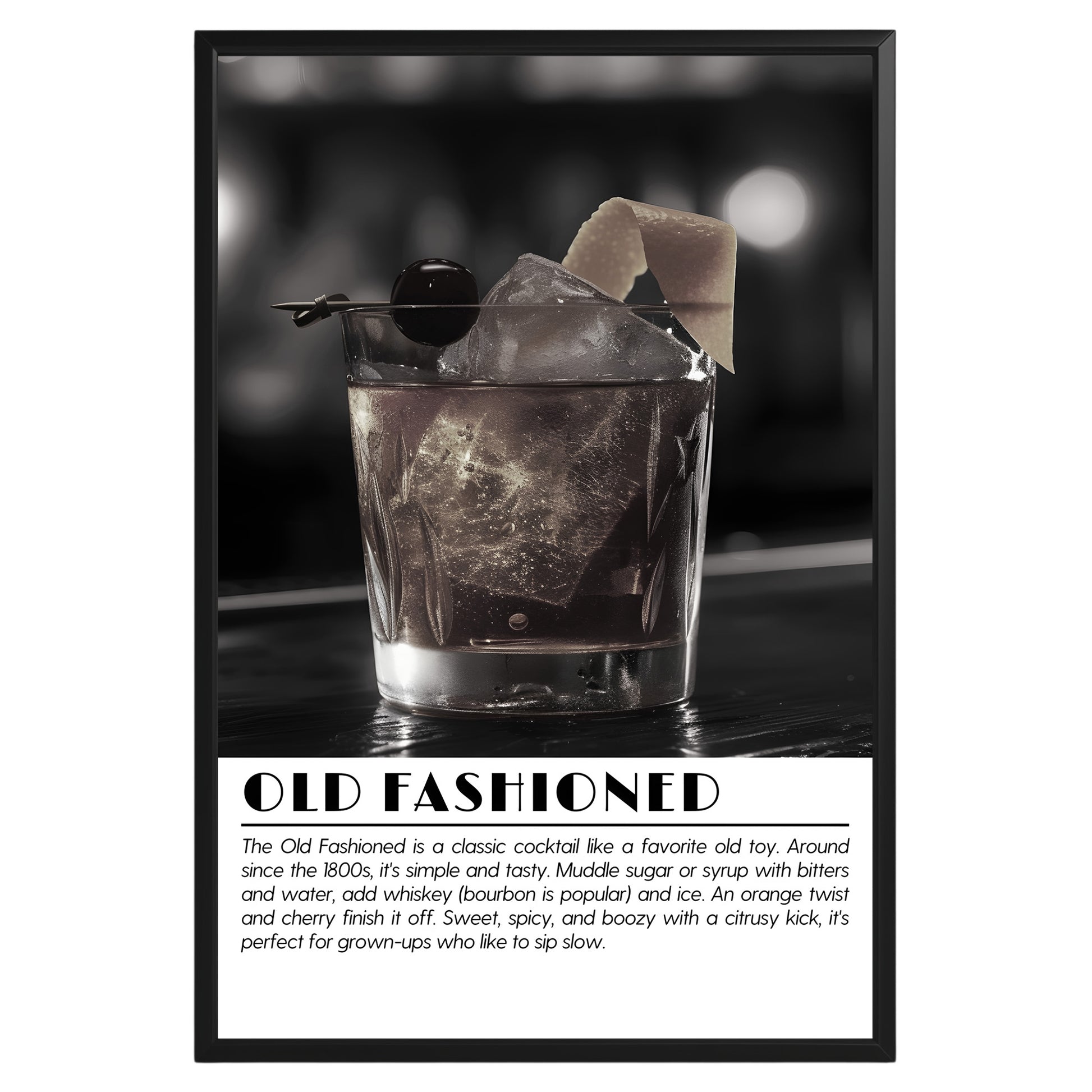 Old Fashioned Cocktail Black and White Poster - GroovyGrove