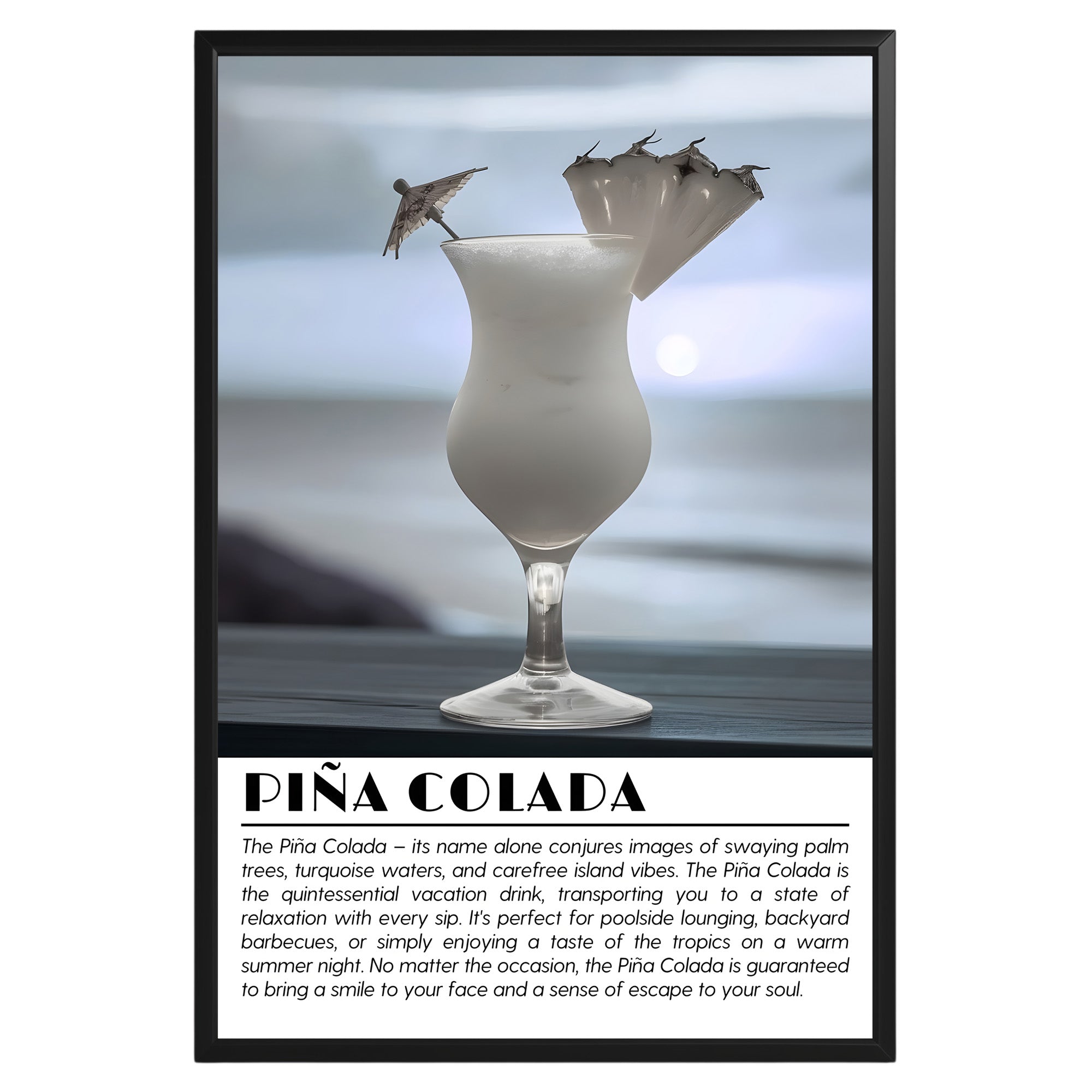 Piña Colada Cocktail Black and White Poster - GroovyGrove