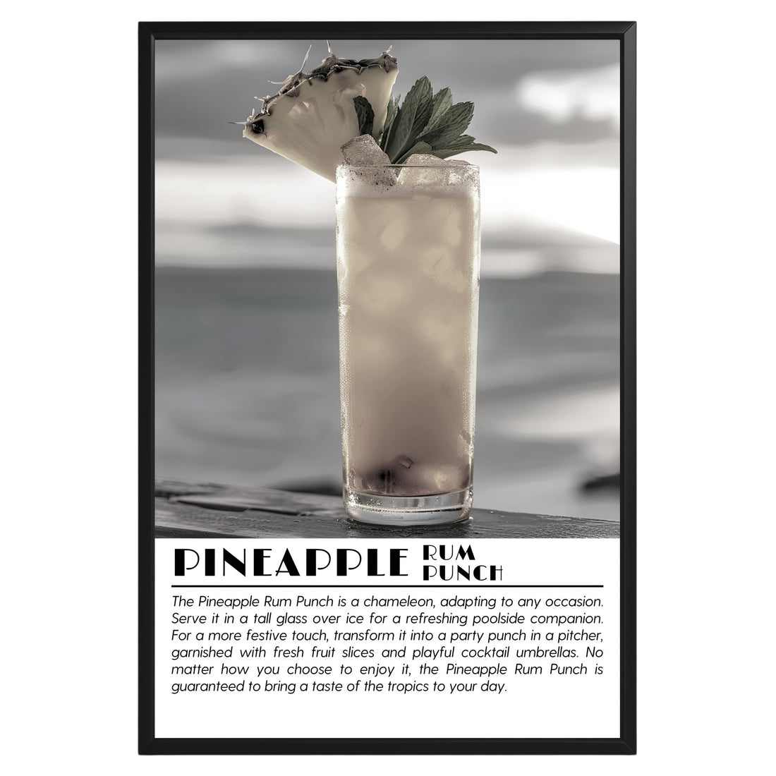 Pineapple Rum Punch Cocktail Black and White Poster - GroovyGrove