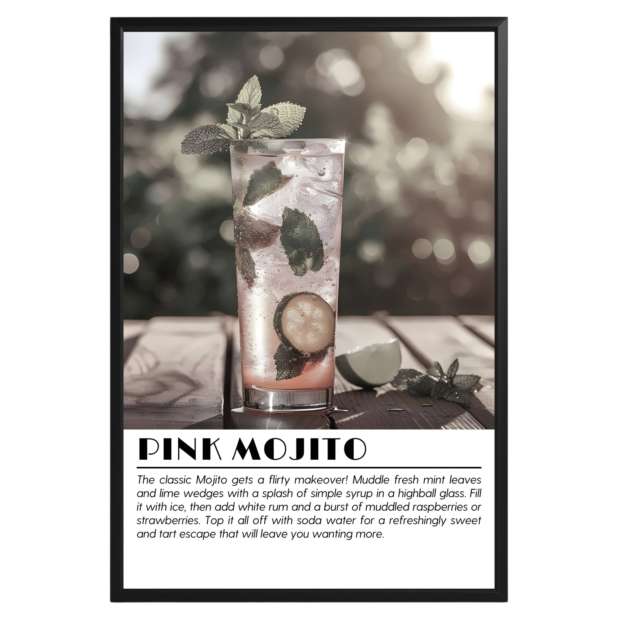 Pink Mojito Cocktail Black and White Poster - GroovyGrove