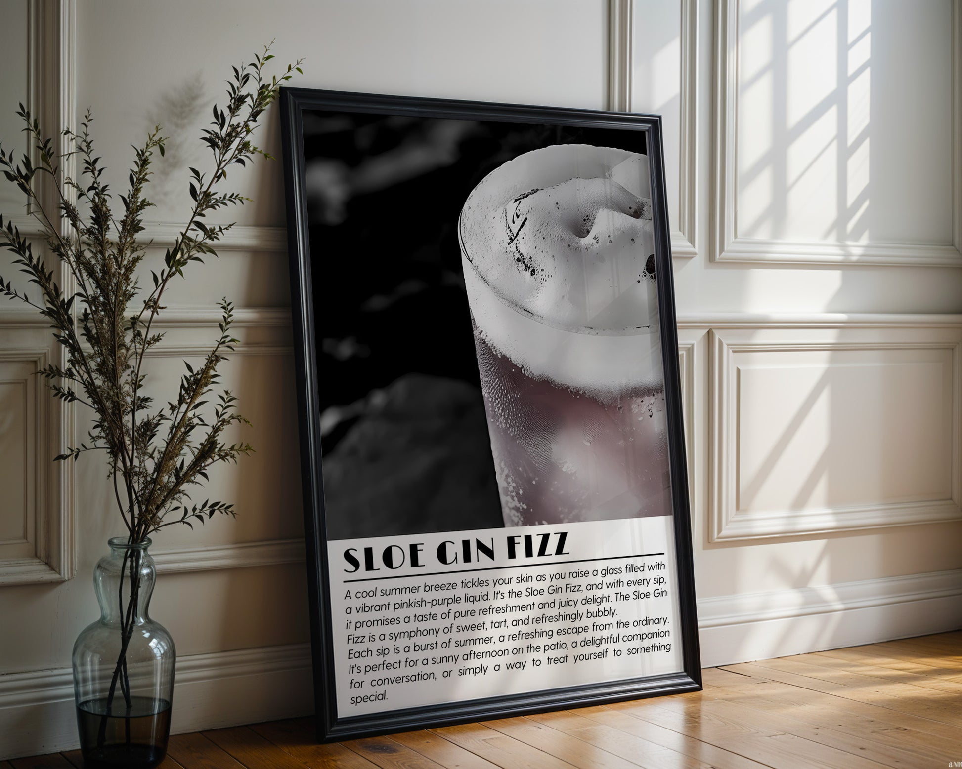 Sloe Gin Fizz Cocktail Black and White Poster - GroovyGrove