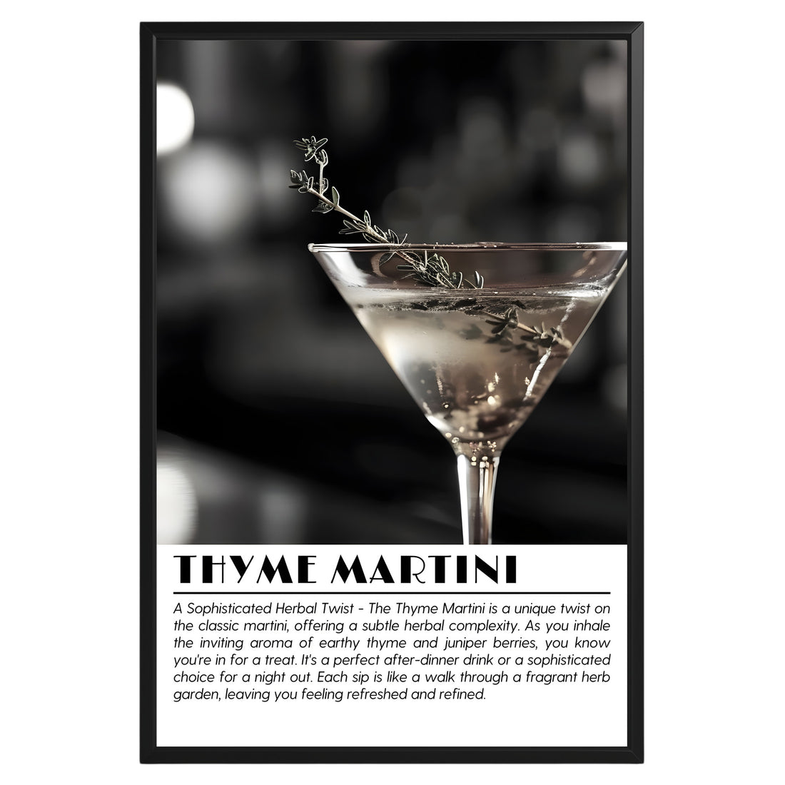 Thyme Martini Cocktail Black and White Poster - GroovyGrove