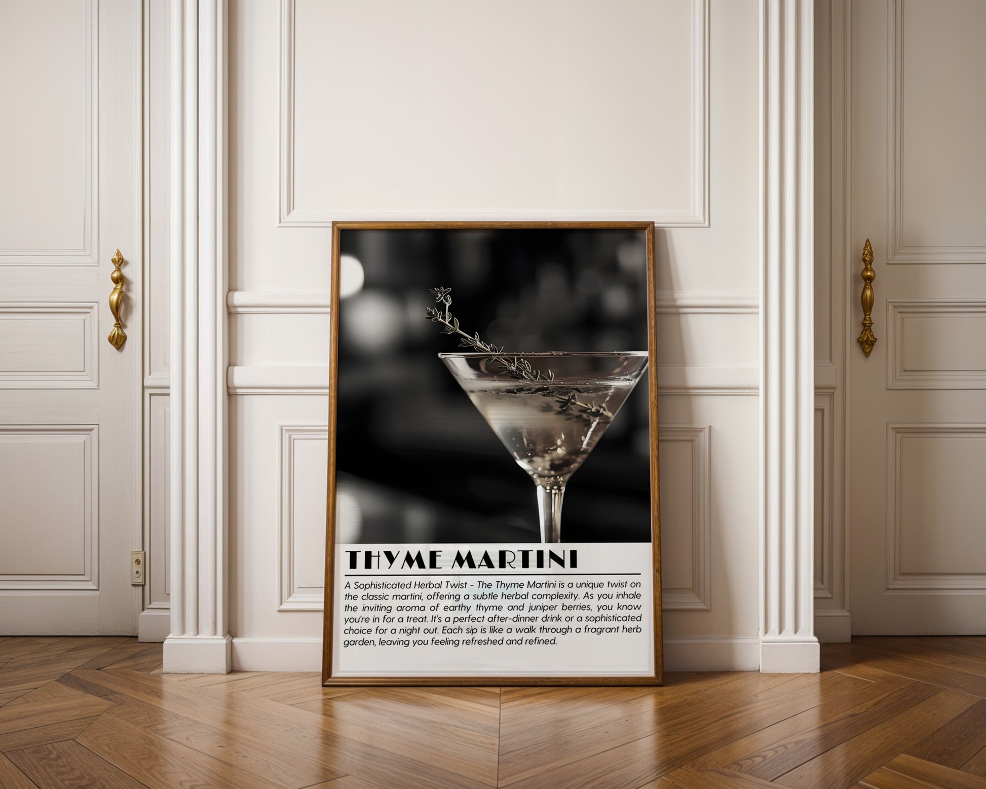 Thyme Martini Cocktail Black and White Poster - GroovyGrove