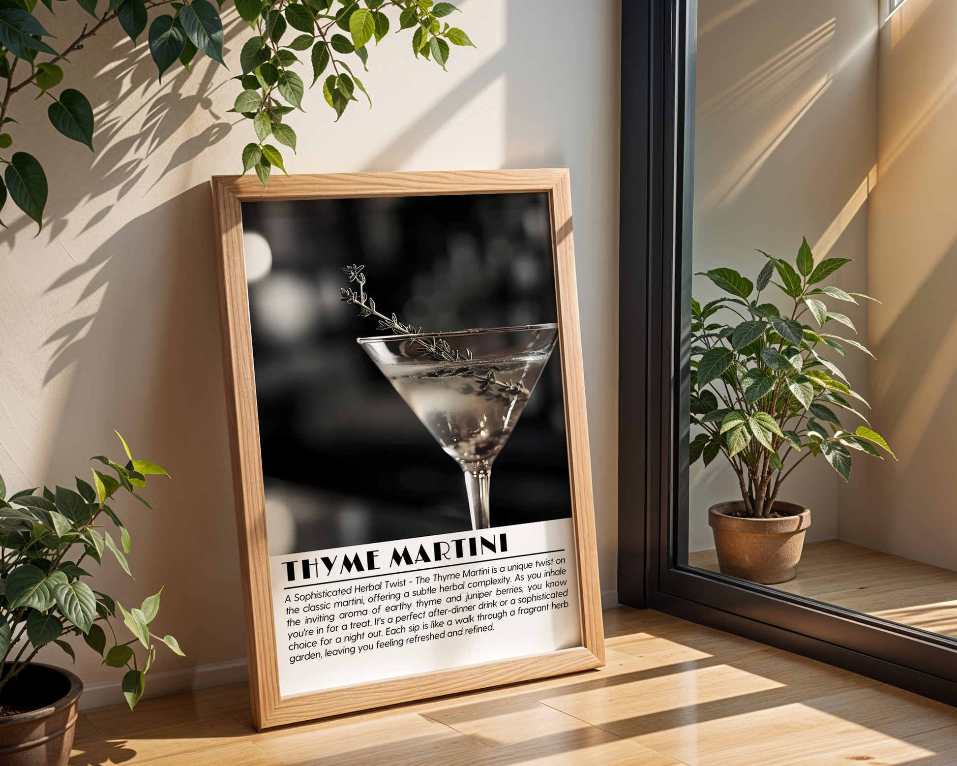 Thyme Martini Cocktail Black and White Poster - GroovyGrove