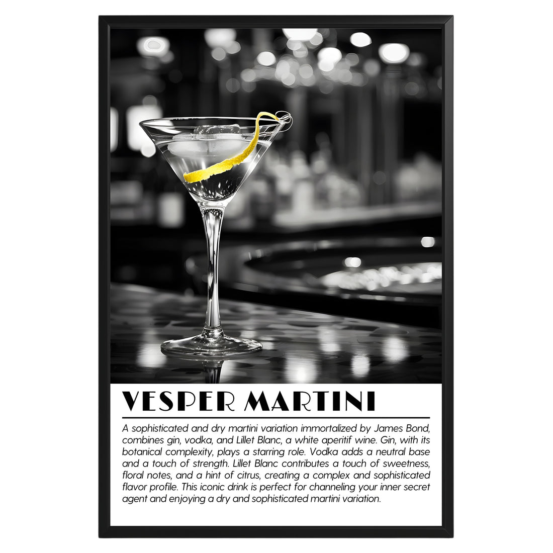 Vesper Martini Cocktail Black and White Poster - GroovyGrove