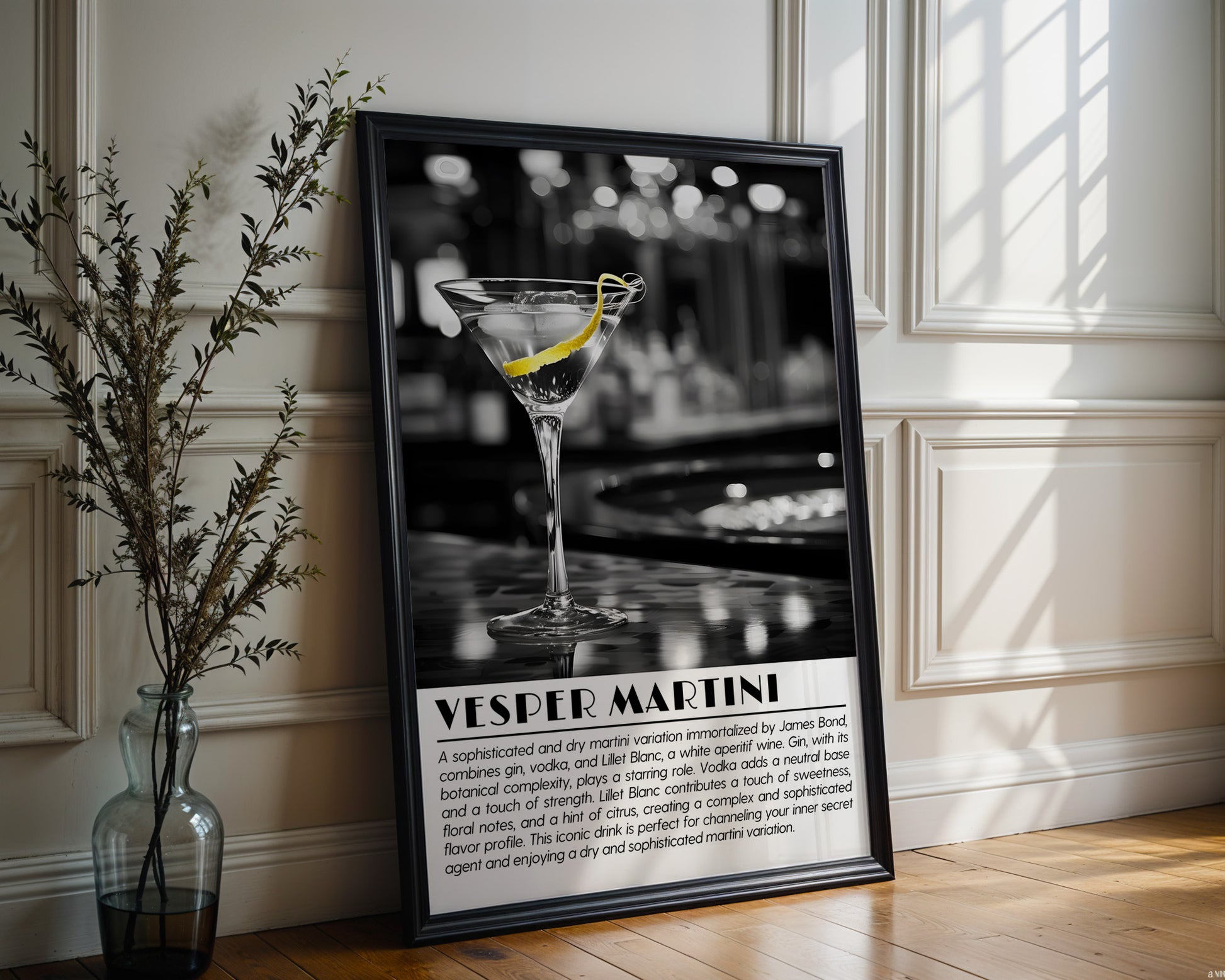 Vesper Martini Cocktail Black and White Poster - GroovyGrove